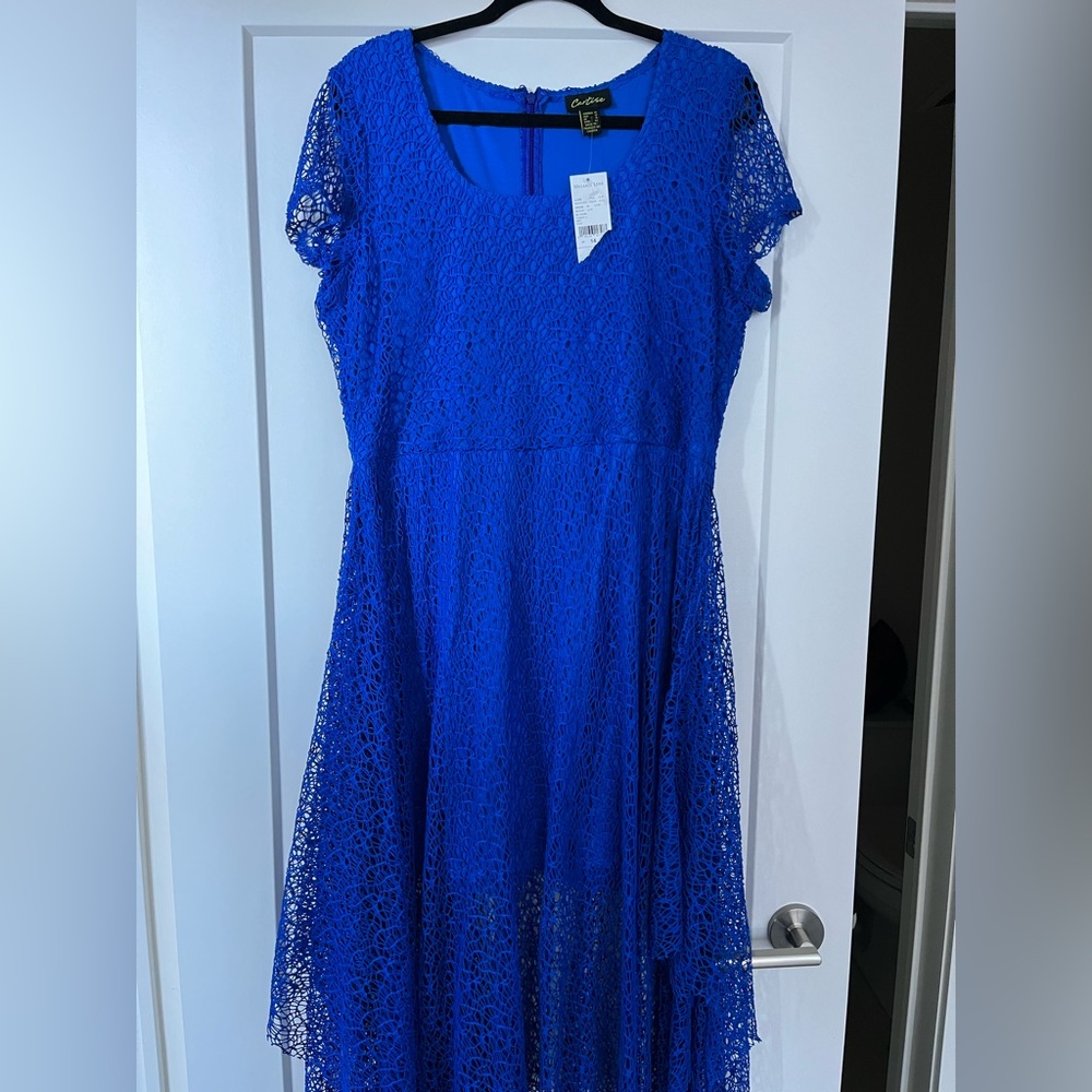 Lovely royal blue dress, netted overlay short sleeves, size 14